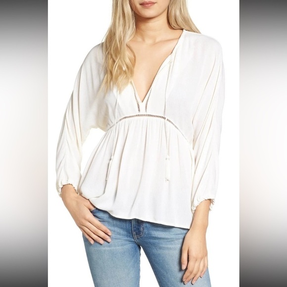 $148 NWT 7 for all mankind Sz M  KATELLA 3/4 SLEEVE V-NECK SLIP-ON BLOUSE - Picture 2 of 7